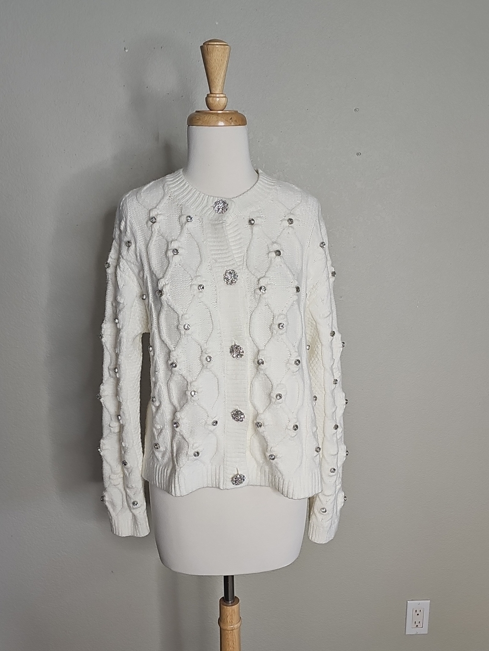 Ann Taylor Embellished White Cable Knit Sweater